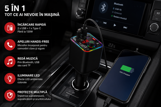 Încărcător Auto 5 în 1 CAR-T6 – 120W Fast Charge cu Bluetooth și Hands-Free